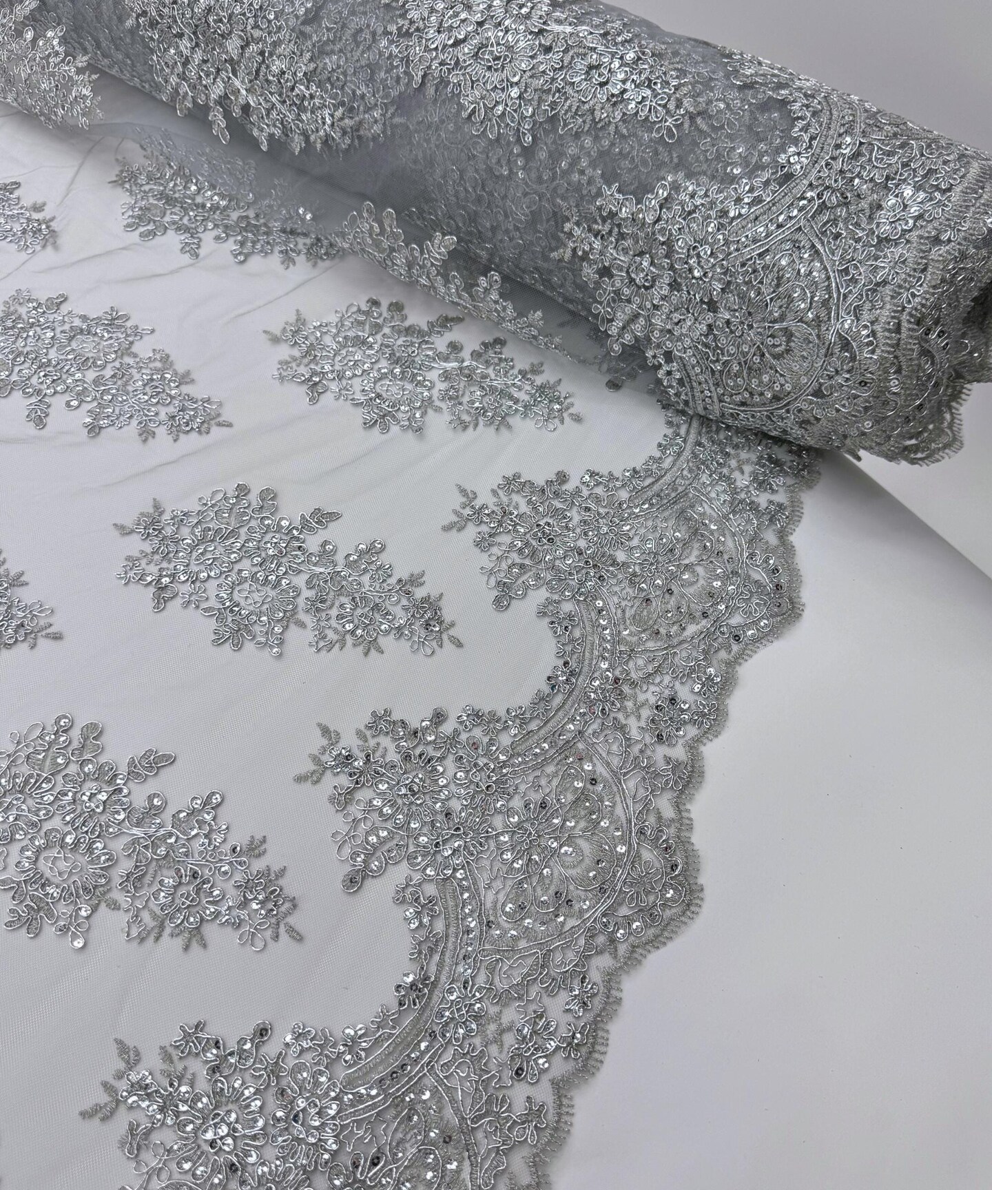 Silver Sequin Embroidered Lace Fabric by the Yard, 54" Wide Floral Mesh Lace with Double Scalloped Edges