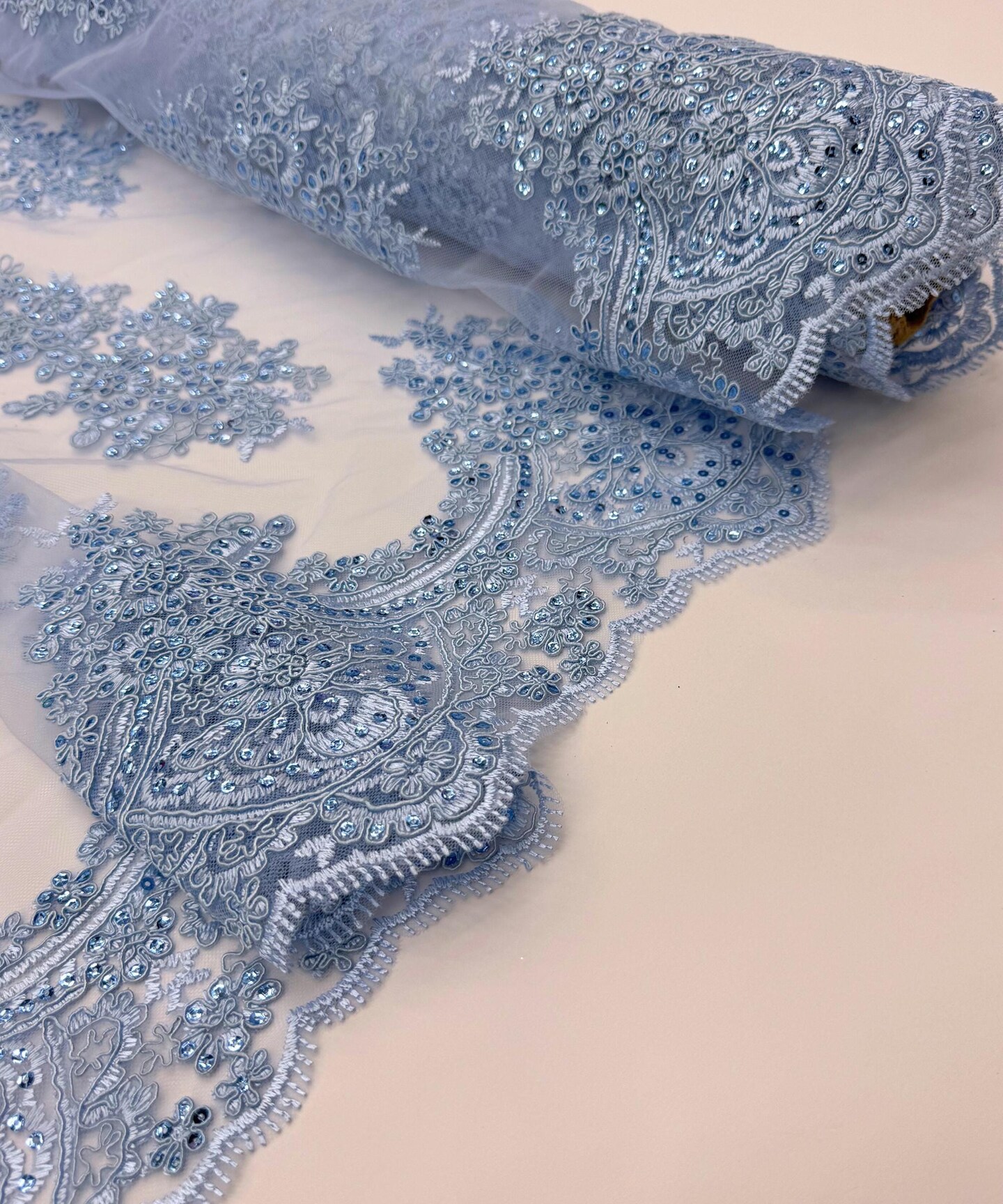 Baby Blue Sequin Embroidered Lace Fabric by the Yard, 54" Wide Floral Mesh Lace with Double Scalloped Edges