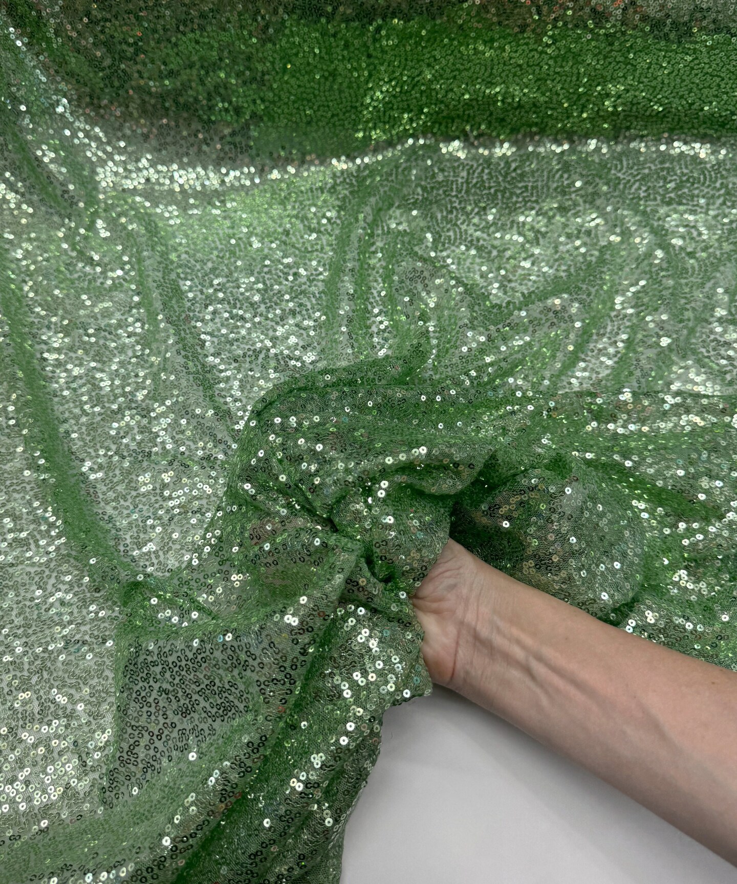 Sage Green Glitz Iridescent Sequin Mesh fabric, 2 Way Stretch
