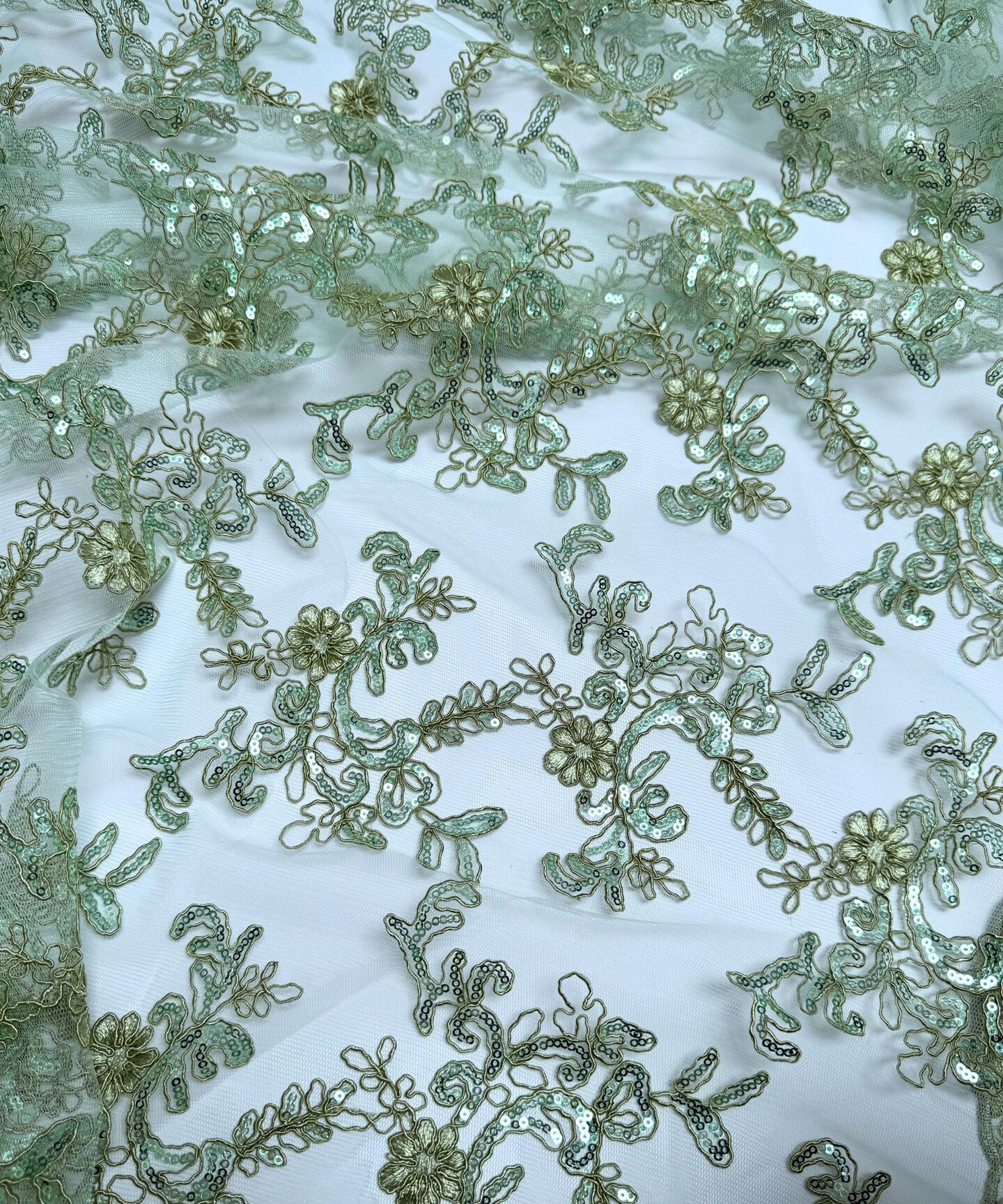 Sequin Embroidered Lace Fabric by the Yard, 54" Wide Floral Mesh Lace with Double Scalloped Edges