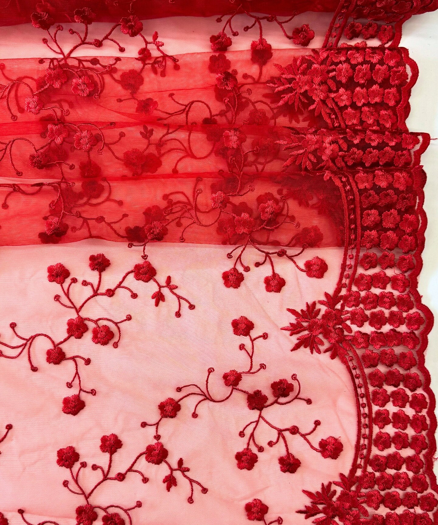 Red Sequin Embroidered Lace Fabric by the Yard, 54" Wide Floral Mesh Lace with Double Scalloped Edges