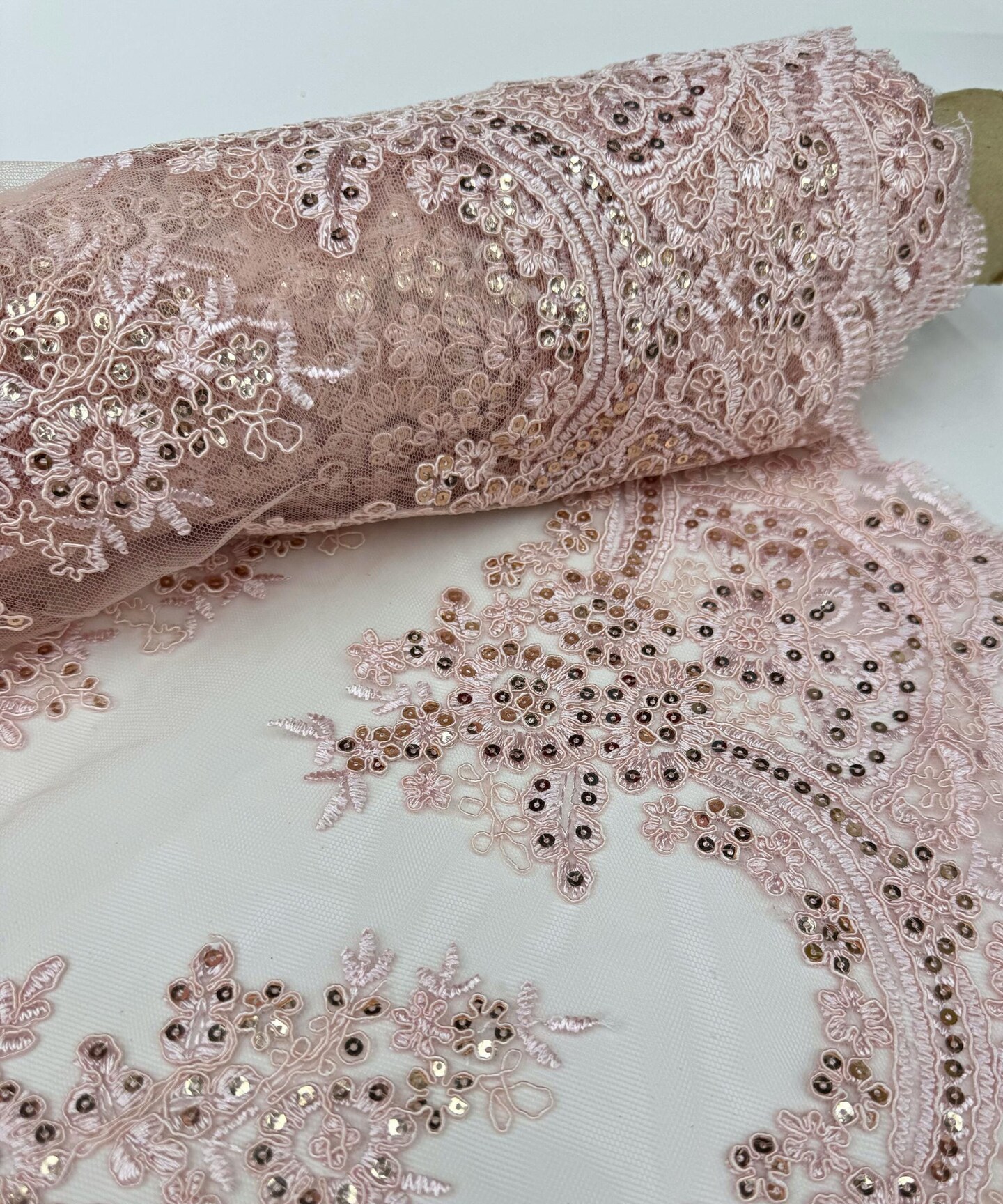 Blush Sequin Embroidered Lace Fabric by the Yard, 54" Wide Floral Mesh Lace with Double Scalloped Edges