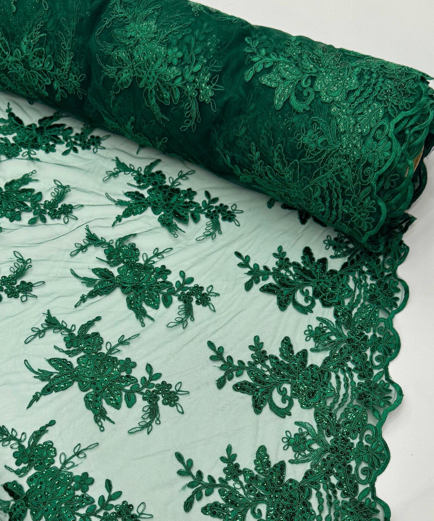Hunter Green Sequin Embroidered Lace Fabric by the Yard, 54" Wide Floral Mesh Lace with Double Scalloped Edges