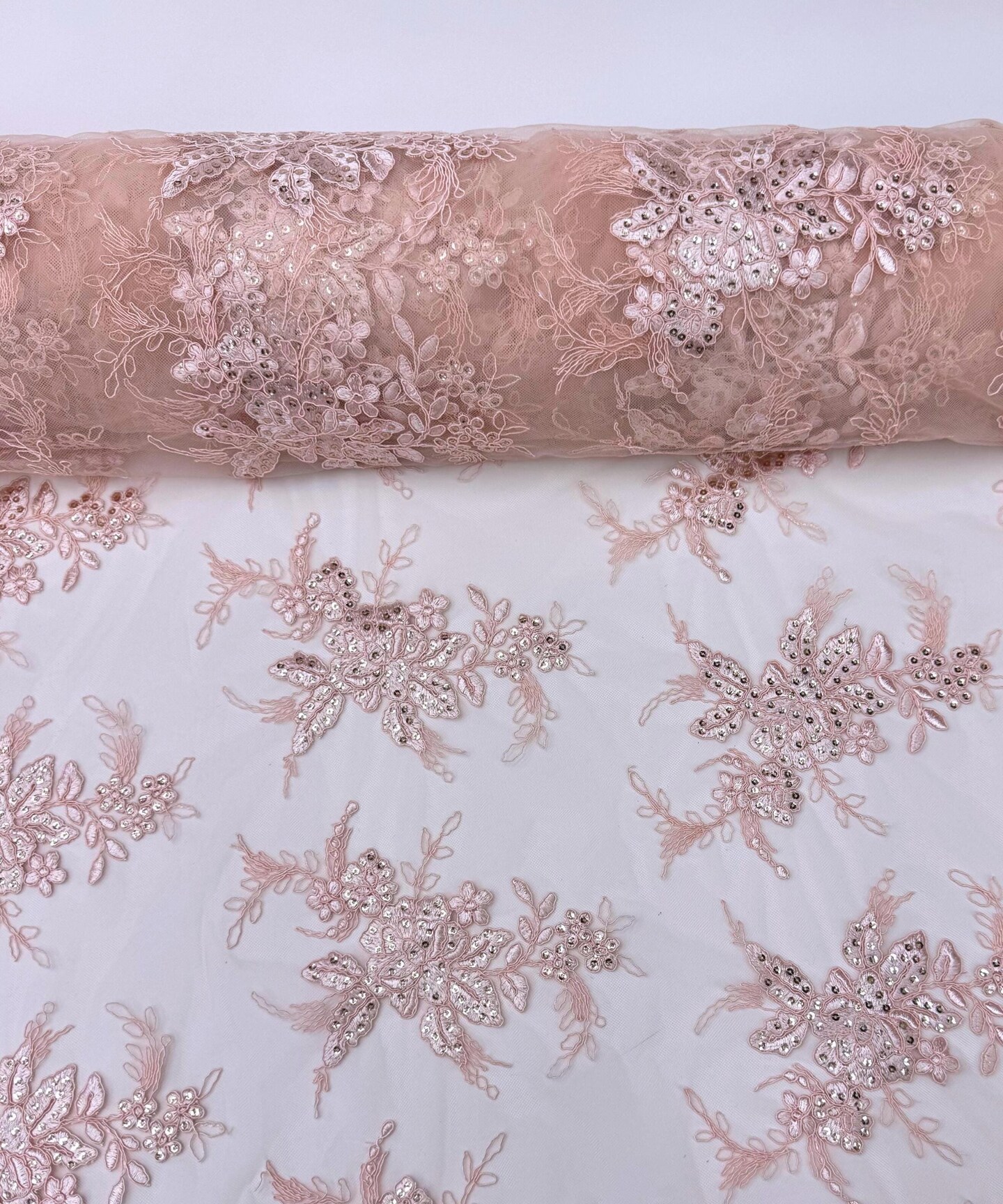 Blush Pink Sequin Embroidered Lace Fabric by the Yard, 54" Wide Floral Mesh Lace with Double Scalloped Edges