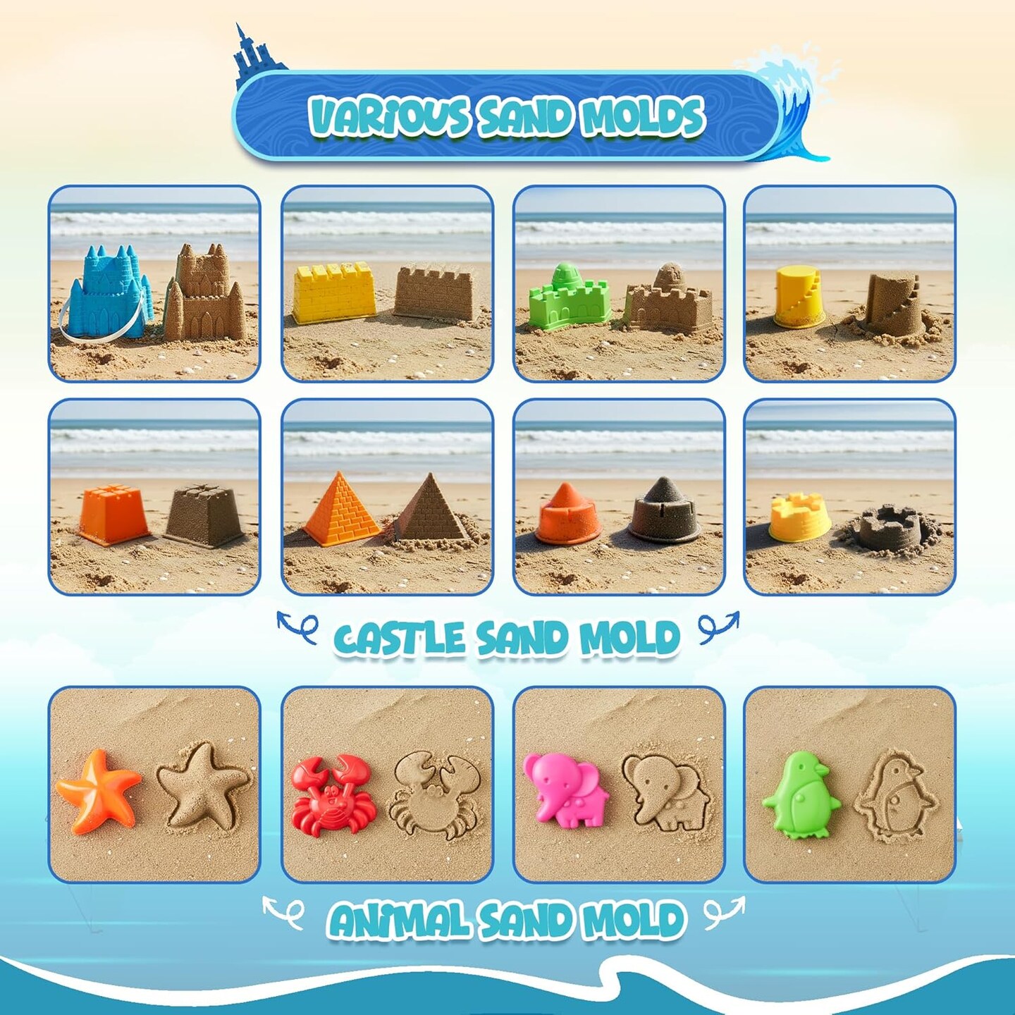 4E's Novelty Kids Beach Toys - 17 Pcs Sand Set w/ Beach Bucket, Shovels, Sand Molds & Mesh Bag