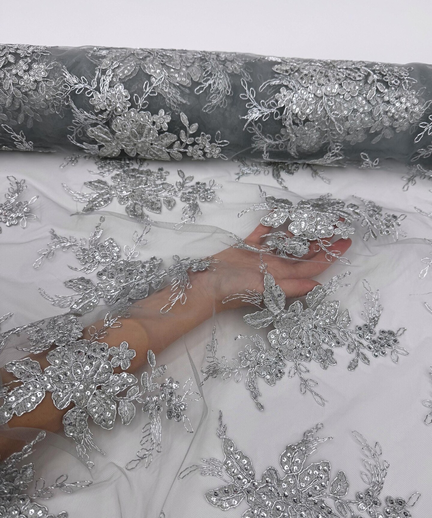 Silver Sequin Embroidered Lace Fabric by the Yard, 54" Wide Floral Mesh Lace with Double Scalloped Edges