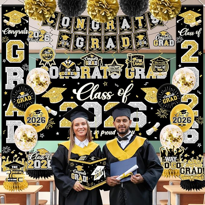 Class of 2026 Graduation Decorations - Black and Gold Congrats Grad Party Set with Backdrop, Porch Signs, Balloons & Swirls - Graduation Box & Honeycomb Centerpieces