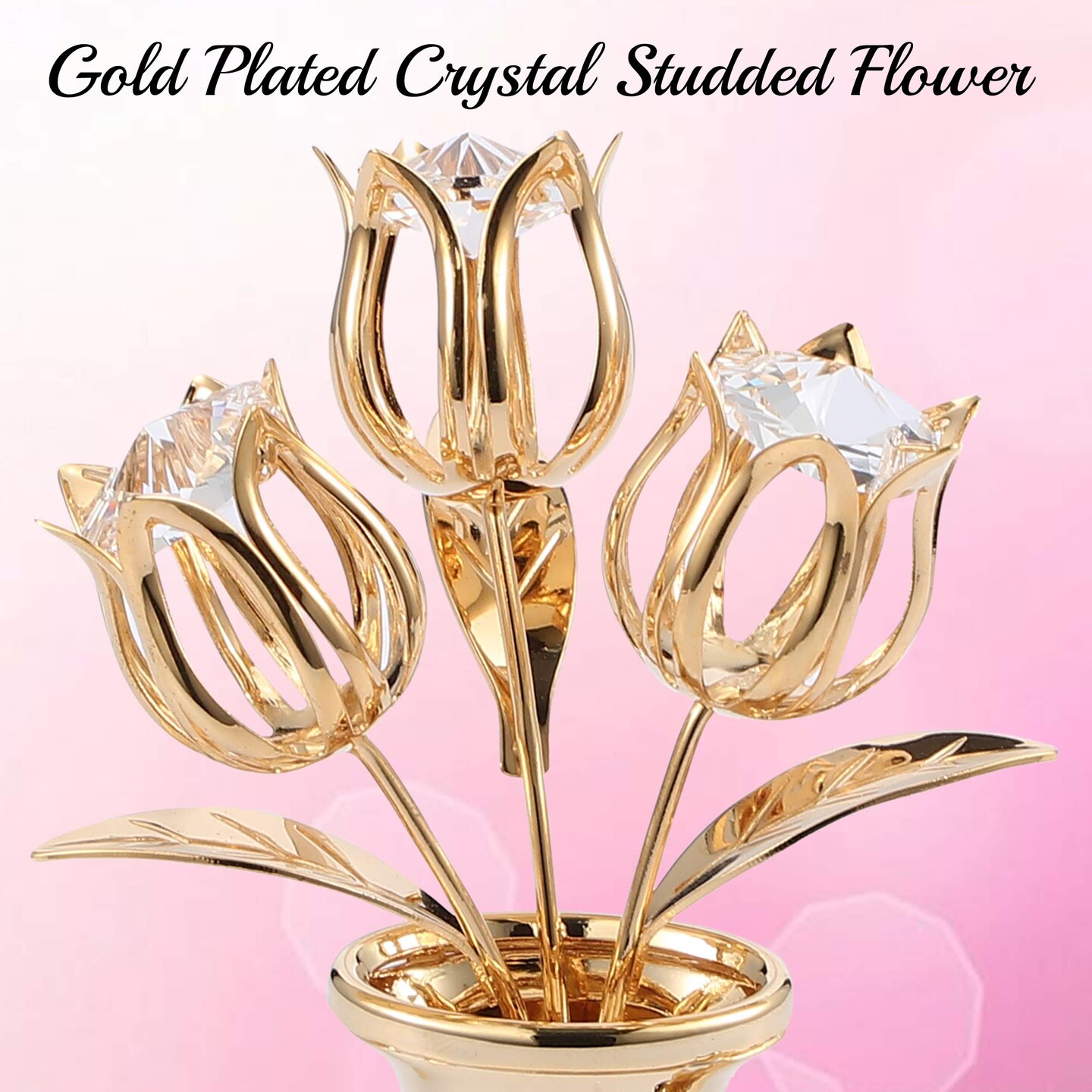 24K Gold Plated Crystal Flower Figurine with Clear Crystals & Butterfly – Luxury Decorative Tulip Statue, Elegant Tabletop Home Décor, for Mother's Day, Valentine's Day, Christmas