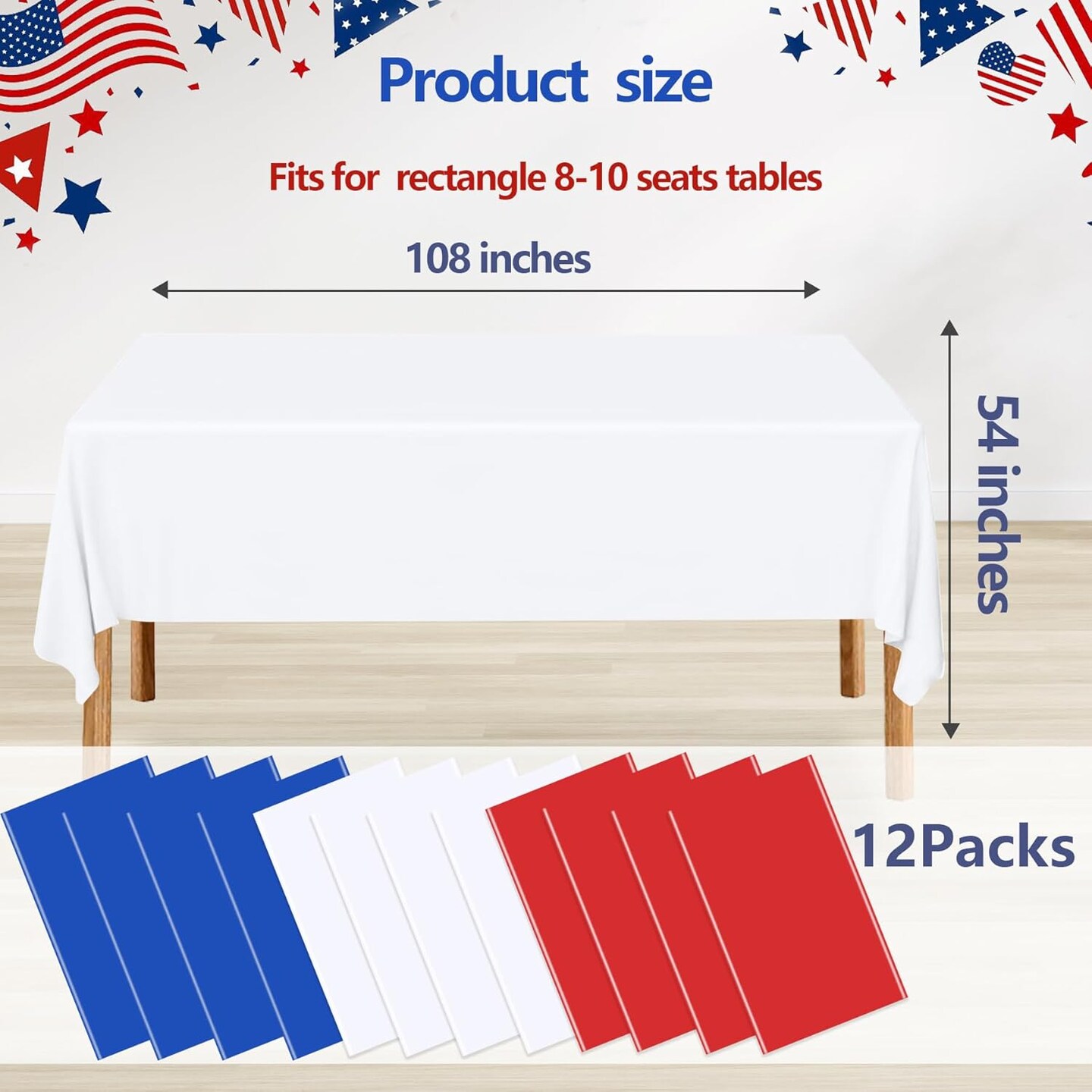 4th of July Table Cloths – 12 Pack Red White Blue Disposable Plastic Table Covers, 54" x 108", Waterproof Patriotic Party Decorations