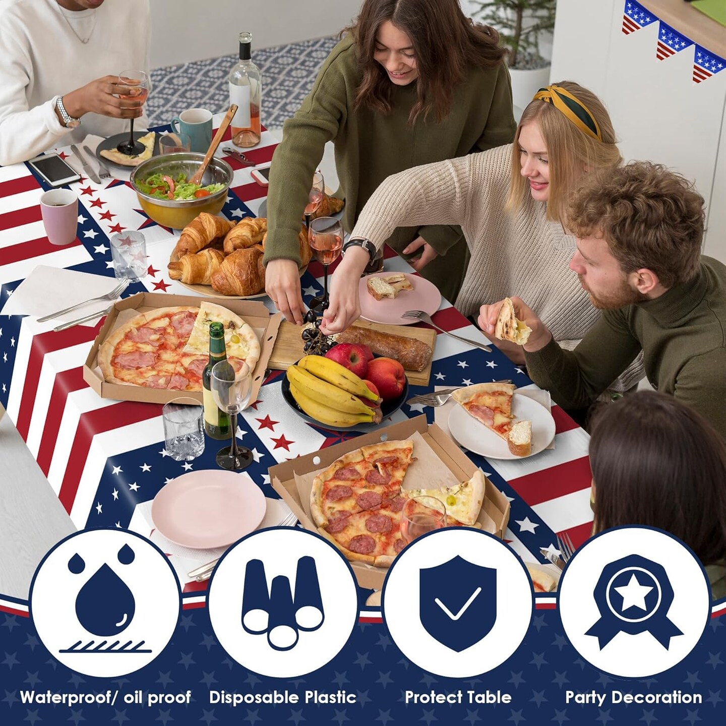 4th of July Table Cloths – 2 Pack Red White and Blue Disposable Patriotic Table Covers, 54" x 108", American Flag Independence Day Decorations