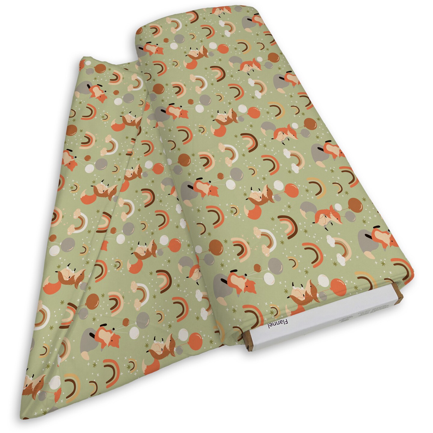 DAVID TEXTILES FOXES AND RAINBOWS GREEN FLANNEL 6 YD BOLT