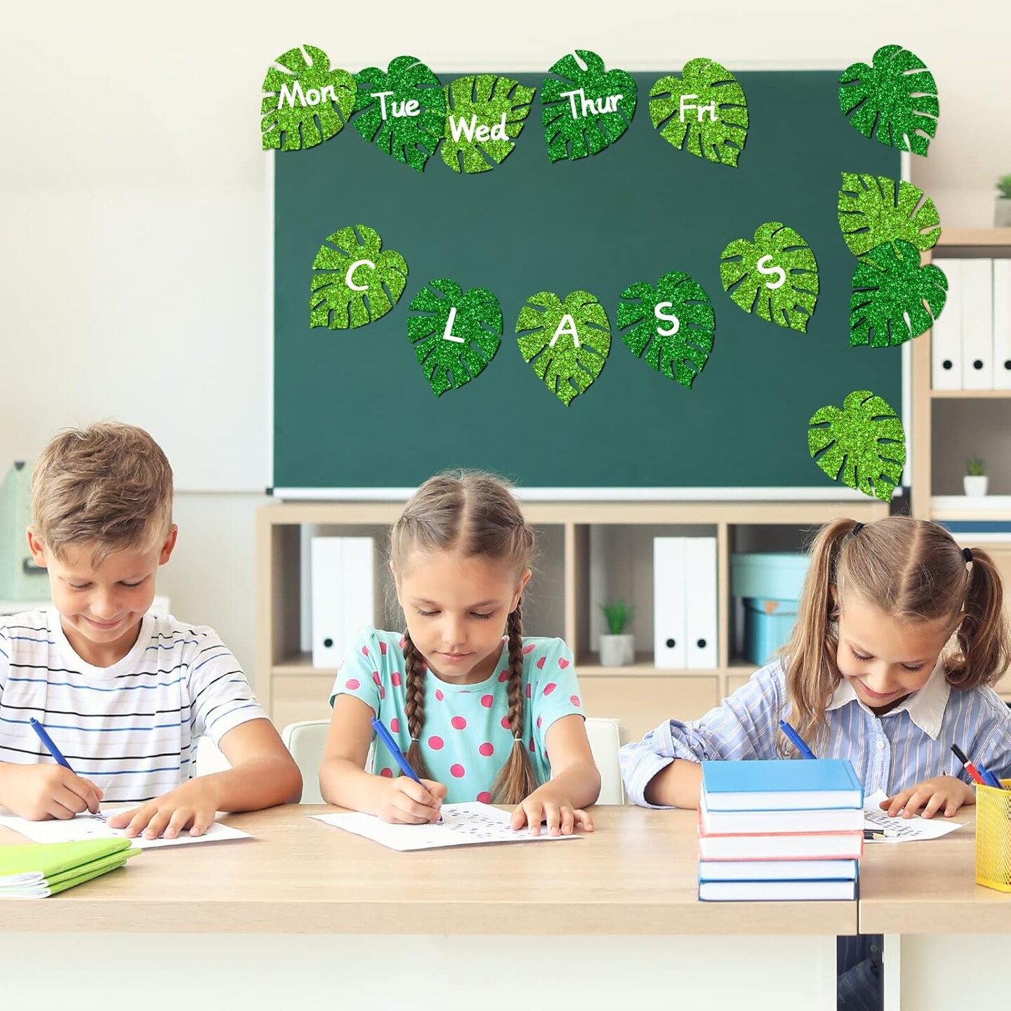 46Pcs Tropical Leaves Cutouts Glitter Green Palm Leaves (Green)