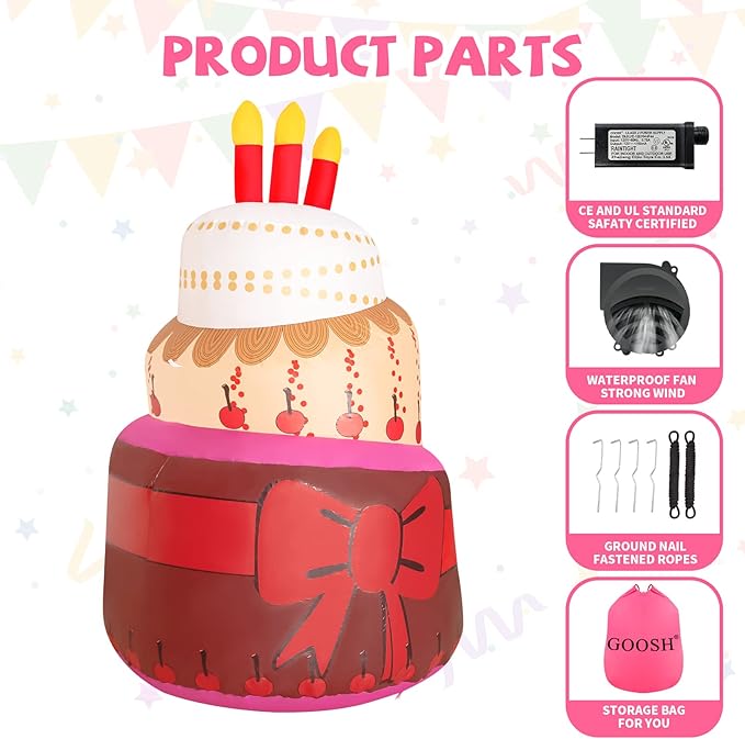 GOOSH 6.4 FT Birthday Inflatables Cake with Candle Happy Birthday with Colorful Rotating LED Lights (Red-B)