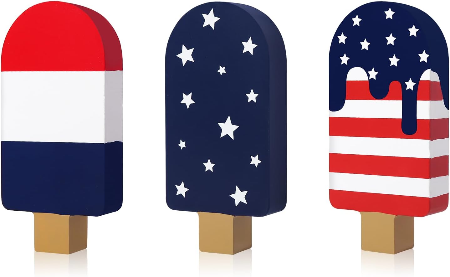 4PCS 4th of July Tiered Tray Decor Set – Patriotic Wooden Popsicle Signs with Rustic Red White Blue American Flag Design for Independence Day, Memorial Day, Veterans Day & Farmhouse Table Decorations