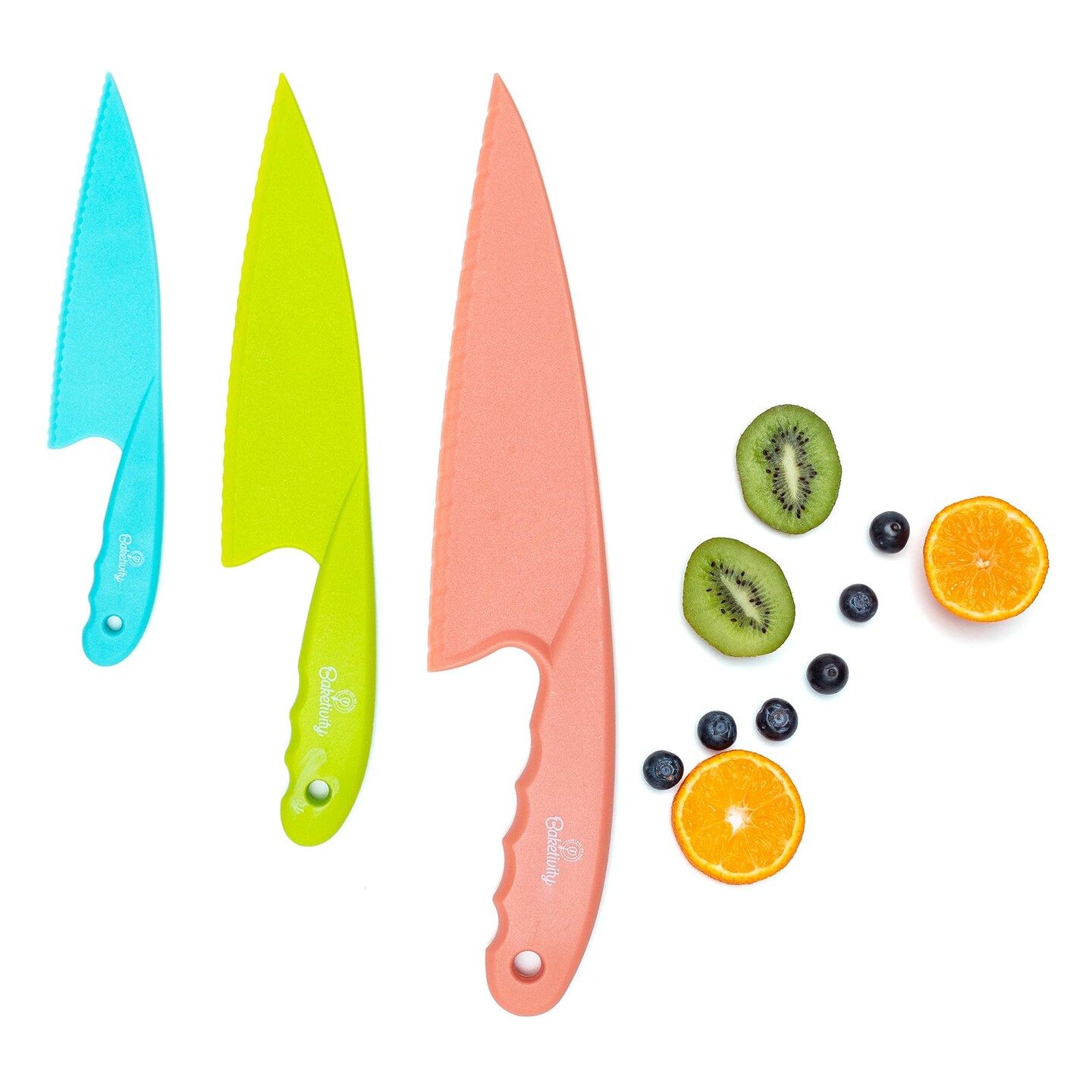 Baketivity 3 Piece Kids Knife Set | Plastic Kids Safe Knives for Kitchen | Toddler Knife Set for Real Cooking | Dishwasher Safe, Kid Friendly Safe Knives Set for Cutting Fruits, Veggies, Cakes