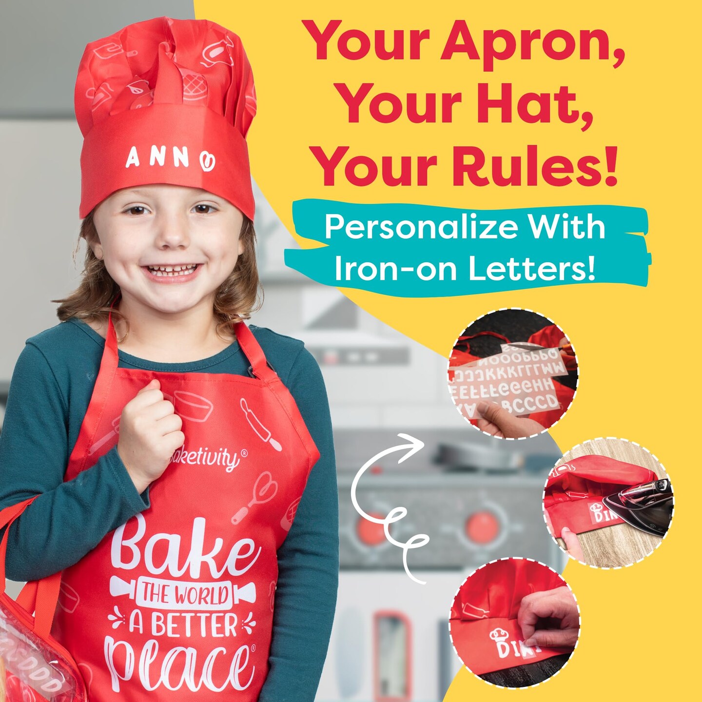 Baketivity Kids Chef Hat and Apron Set for Boys &#x26; Girls - One Size Fits All (Adjustable) - Premium, Washable Kids Apron and Chef Hat Set for Cooking - Young Chefs &#x26; Junior Bakers Chef Outfit for Kids