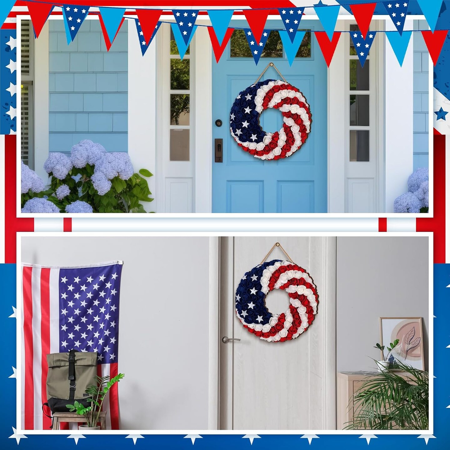 1 Pcs 4th of July Hanging Door Sign 2d Memorial Day Wreath Decorations Patriotic Door Hanger American Rustic Wooden Plaque