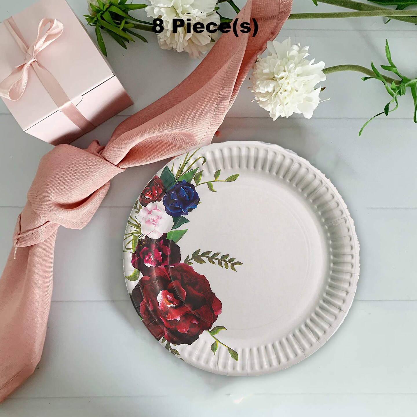 8 Ct. Navy &#x26; Red Floral Paper Dessert Plates Elegant Wedding &#x26; Shower Tableware 7&#x22;