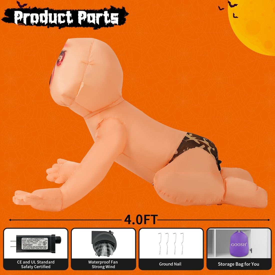 GOOSH 4FT Halloween Inflatable Outdoor Zombie Baby Blow Up Yard Decoration with LED Lights