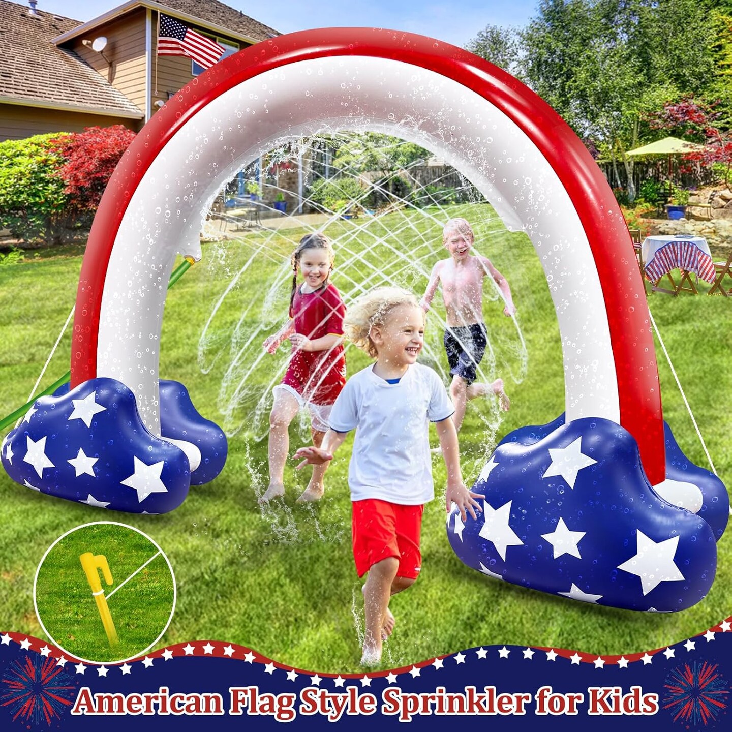 4th of July Inflatable Sprinkler for Kids, 8F * 5.5F American Flag Sprinkler Outdoor Water Toys