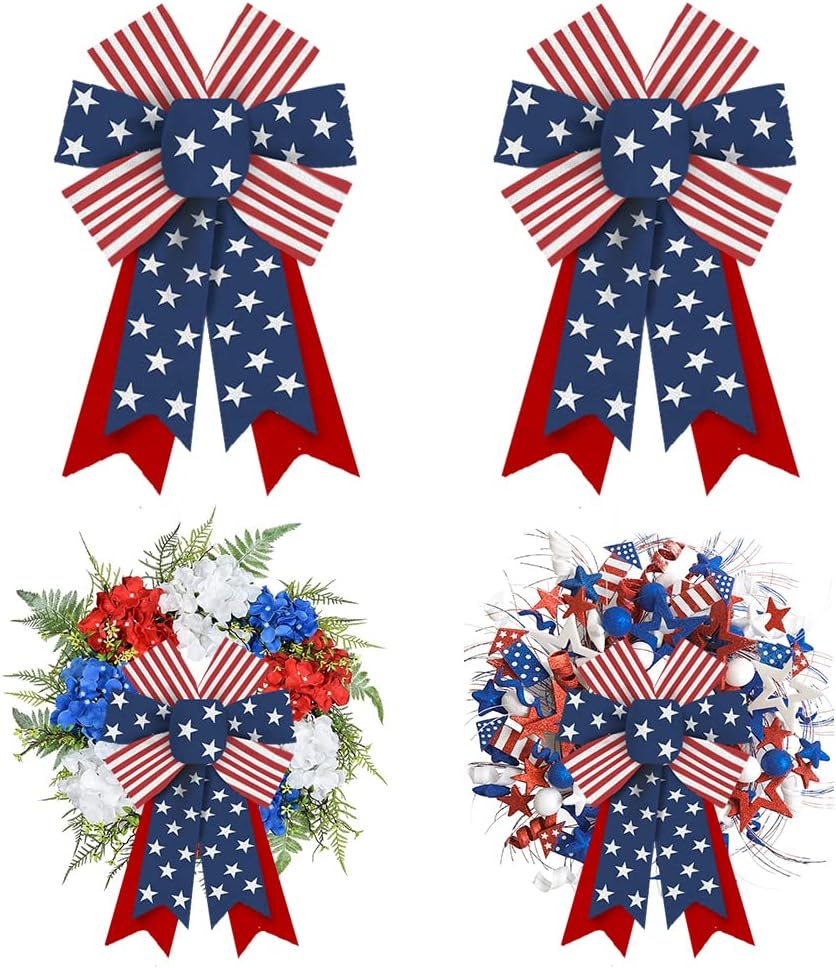 2pcs Patriotic Bows for Wreath, 4th of July Wreath Bows Labor Day Burlap Bows for Front Door