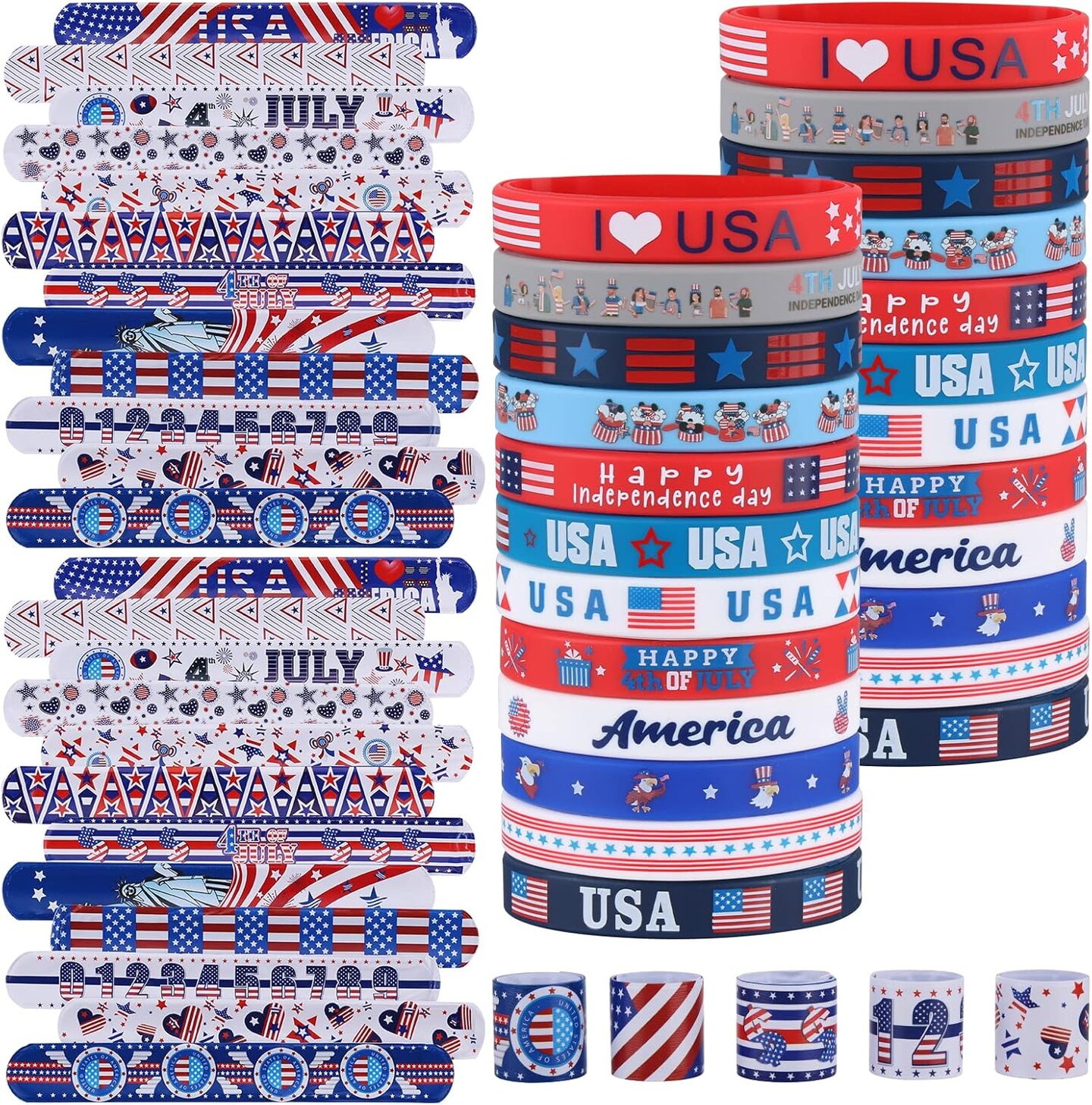 48Pcs 4th of July Party Favors Patriotic Decorations American Flag Slap Bracelets Rubber Wristbands