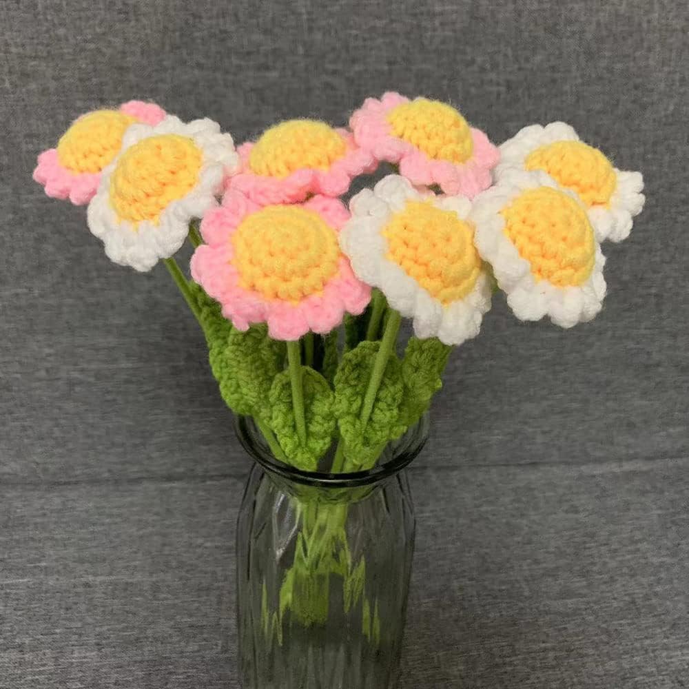 8 Pcs Summer Hand Made Knitted Fake Sunflower Daisy Artificial Flowers for Tabletop Decor Decoration Crochet Flowers
