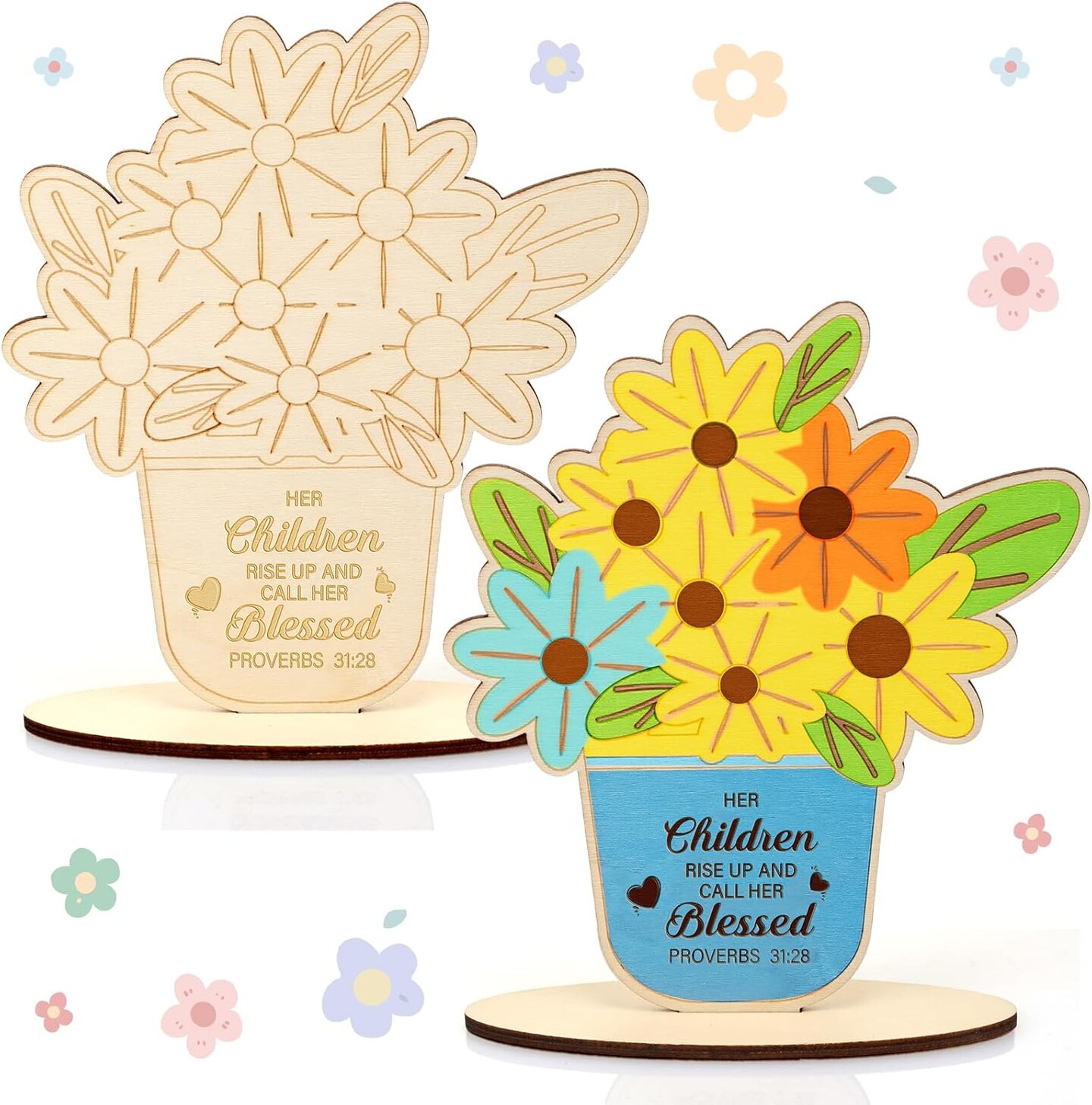 30 Set Spring Religious Mother's Day Flowers Crafts Wooden Flower Card Painting Coloring Craft DIY Flower Religious Wooden Sign for Sunday School Activities Mother's Day Church Gift Craft