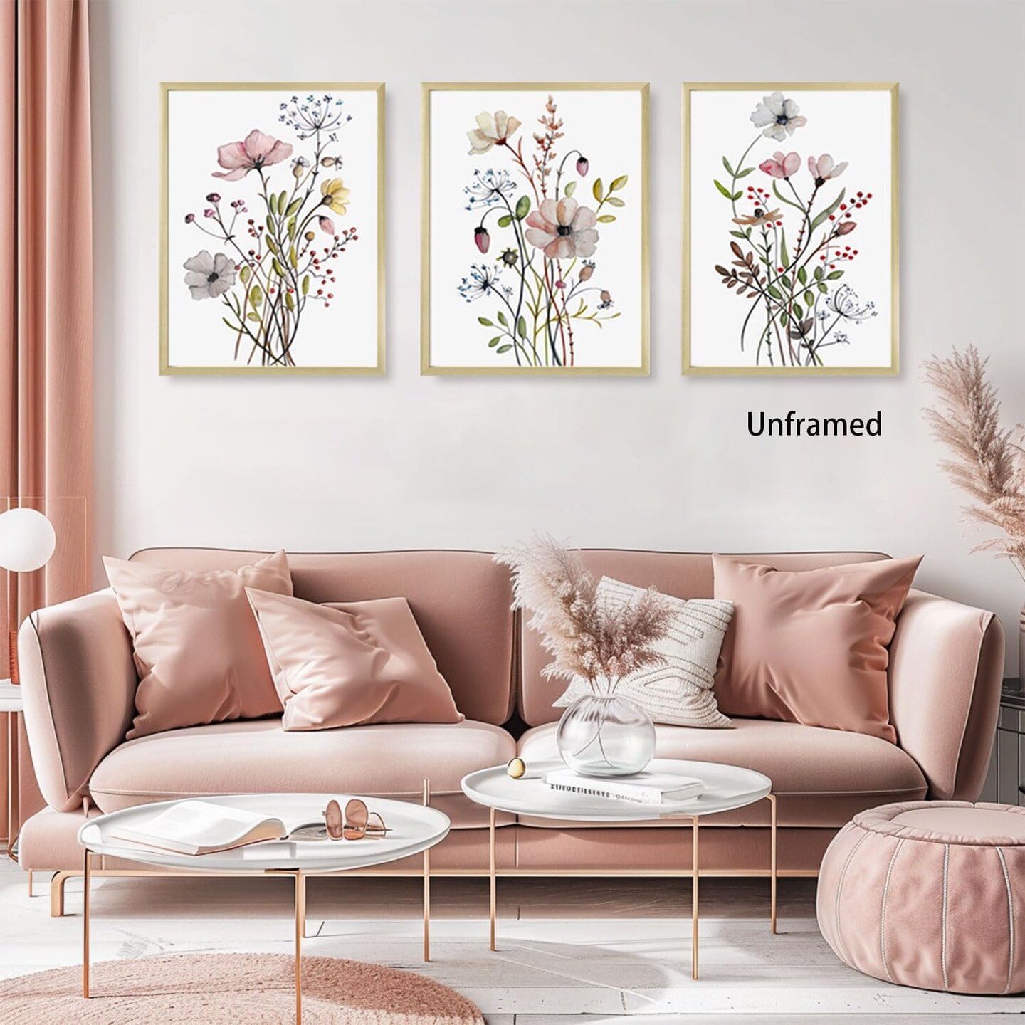 Wildflower Poster Pink Watercolor Botanical Floral Wall Art Colorful Canvas Prints Set of 3 Modern Minimalist Flower Pictures Decor Painting Bedroom Bathroom Living Room Unframed