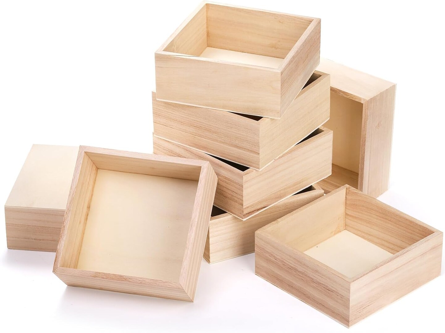 8 Pack Unfinished Wooden Box, 6 x 6 Inch Square Rustic Wooden Box Storage Organizer Boxes Small Wood Boxes for Crafts