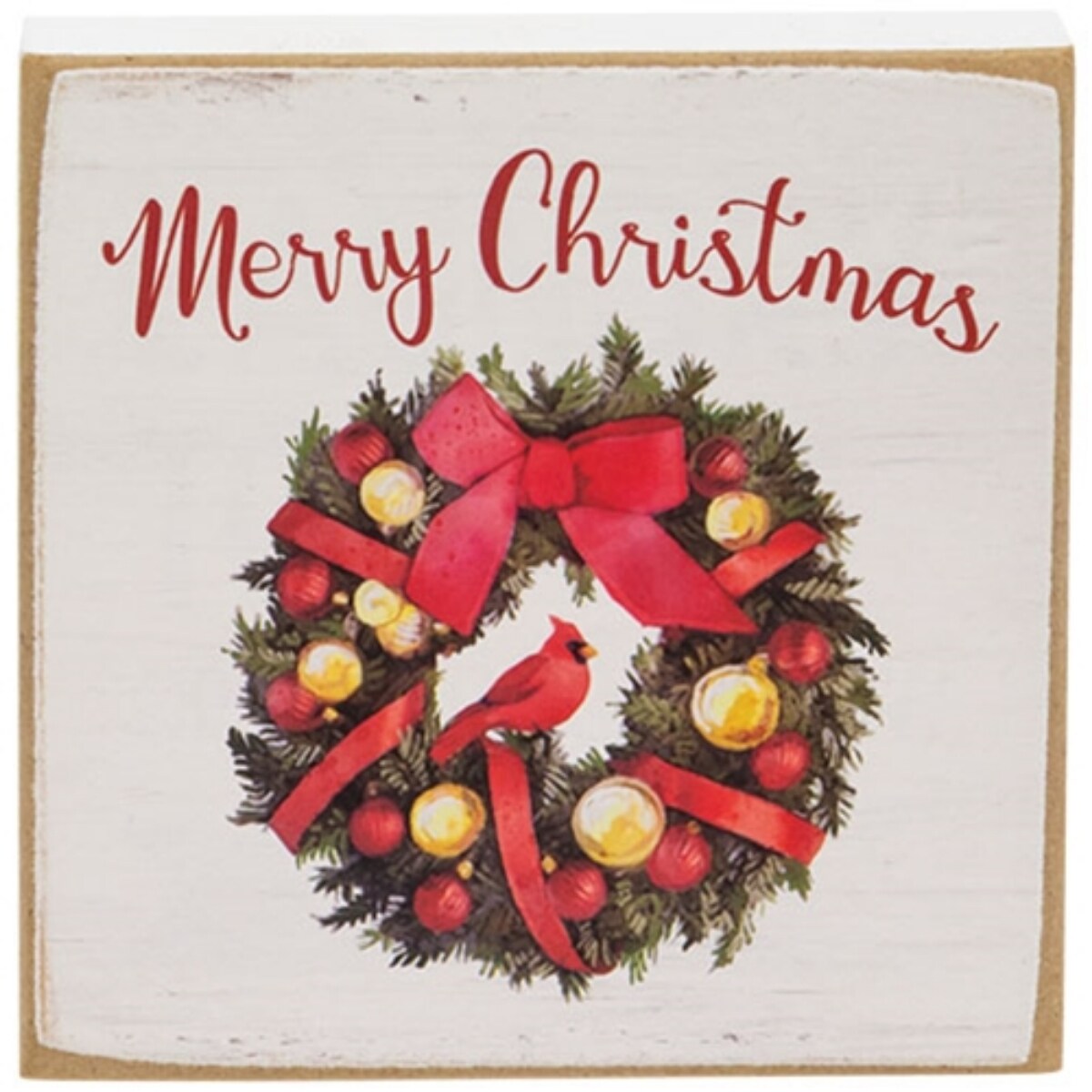 Merry Christmas Wreath Wood Block Sign for Farmhouse Holiday Decor
