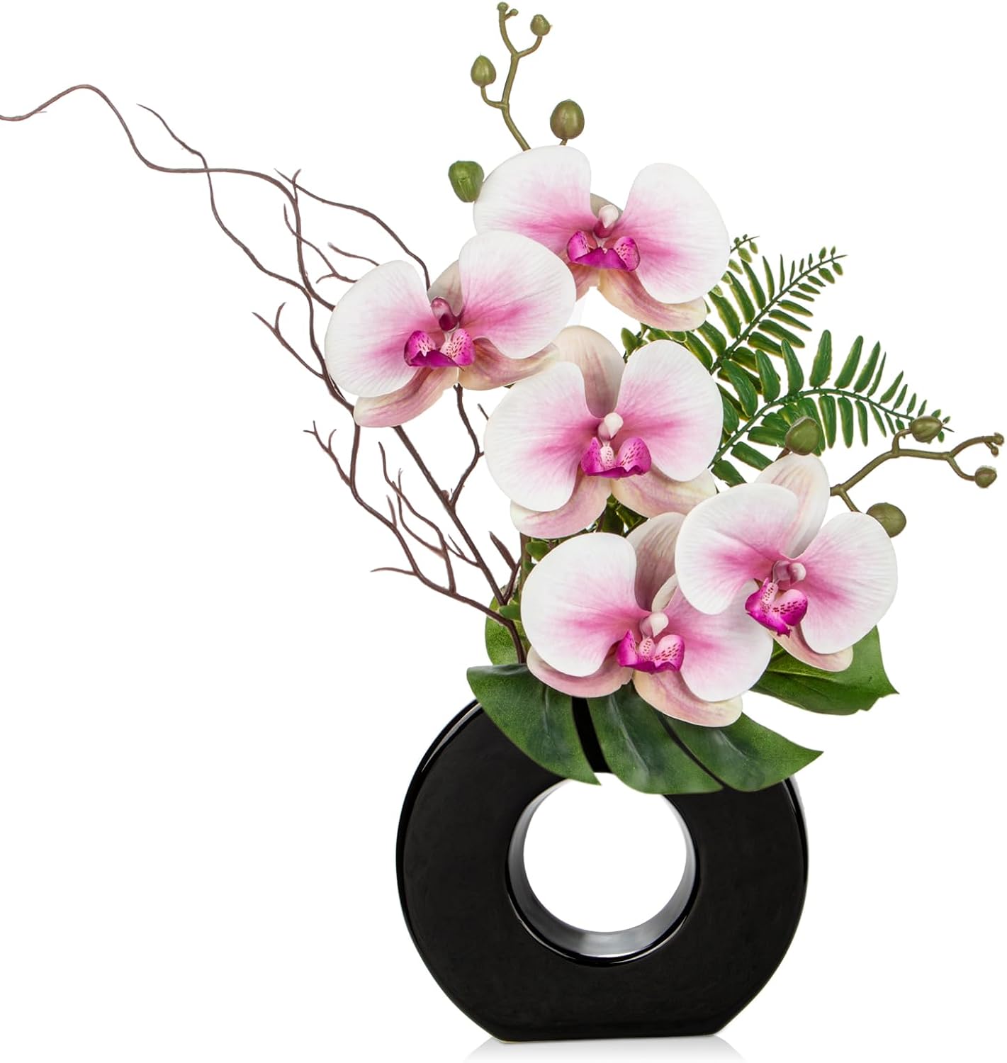 Pink Orchid Fake Flowers with Vase, 16.1'' Artificial Orchid Silk Flowers Faux Orchid Arrangement for Home Office Dining Room Table Centerpiece Modern Decoration
