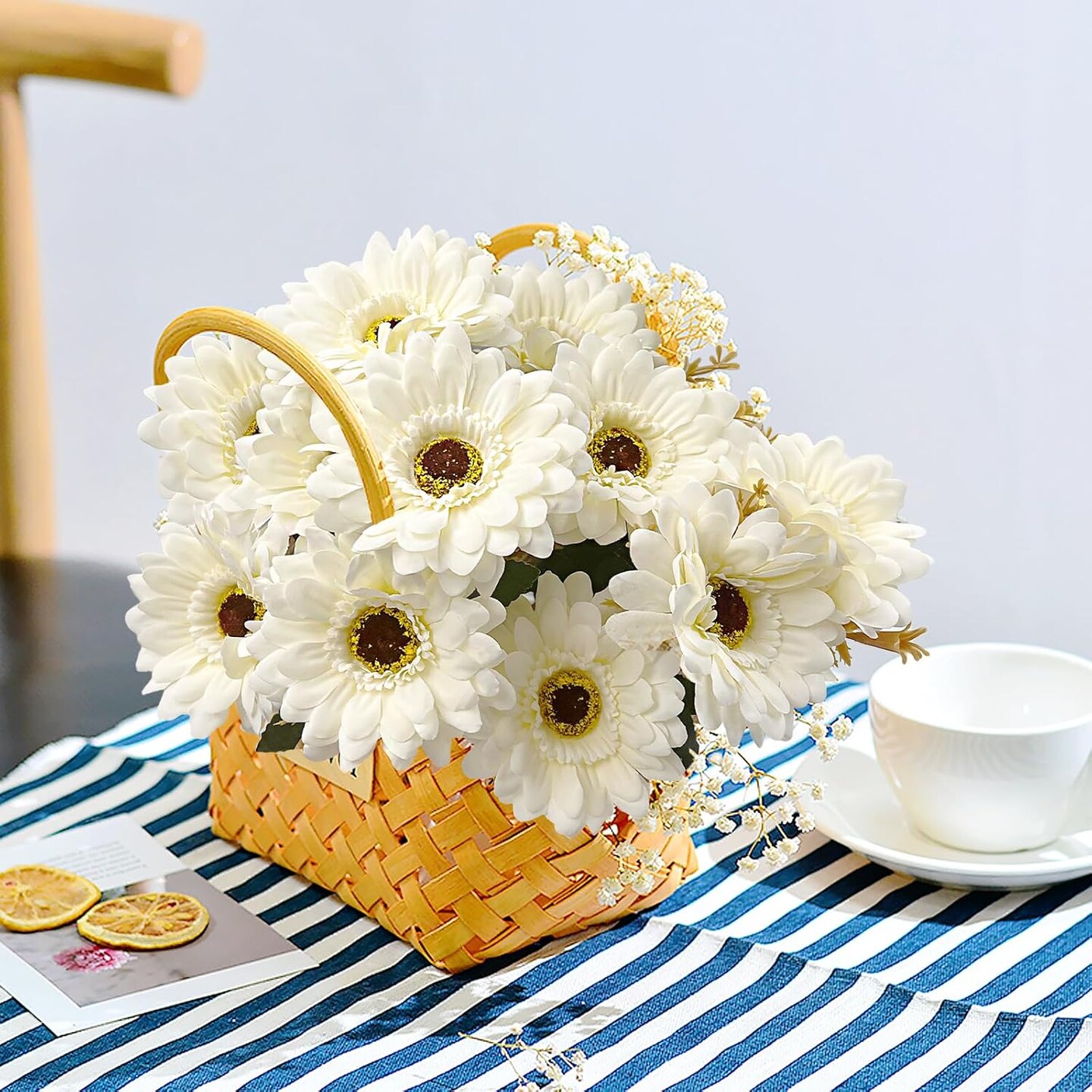 14 Summer Heads Artificial Gerbera Daisies For Tabletop Decor, 2 Bouquets Silk Daisy Flowers Artificial with Leaves &#x26; Seedling Shoots, Artificial Wild Flowers for Wedding, Party, Home Indoor Outdoor Decor