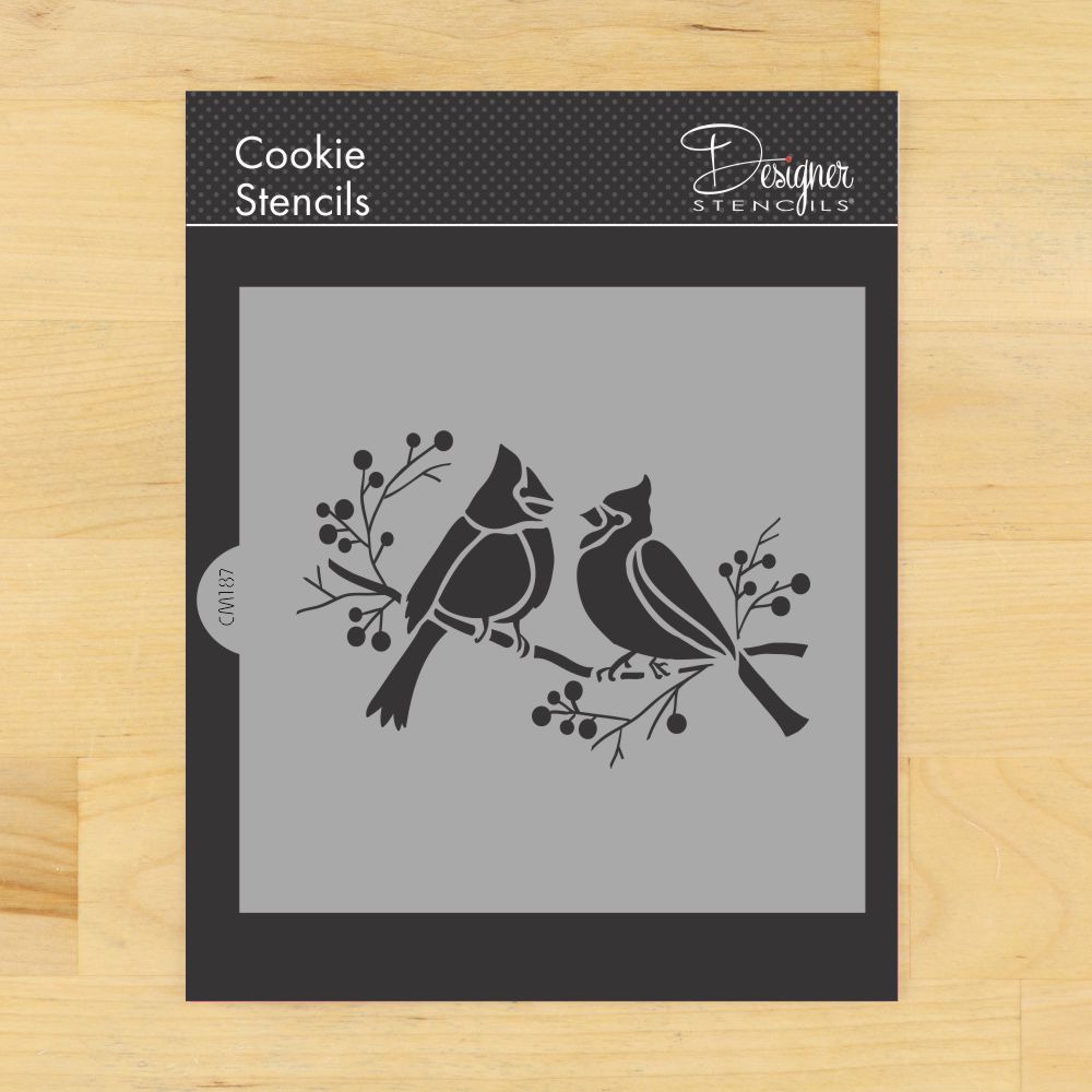 Cardinals on Branch Cookie &#x26; Craft Stencil | CM187 by Designer Stencils | Cookie Decorating Tools | Baking Stencils for Royal Icing, Airbrush, Dusting Powder | Craft Stencils for Canvas, Paper, Wood | Reusable Food Grade Stencil