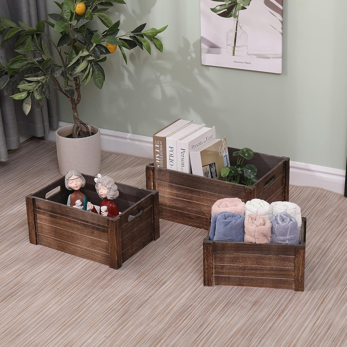 Farmhouse Antique Black Wooden Crate for storage,Rustic Decorative Boxes,Set Of 3 Extra Large Nesting Wooden Storage Crates For display ,Handmade Natural Solid Wood Box (Rustic Black)