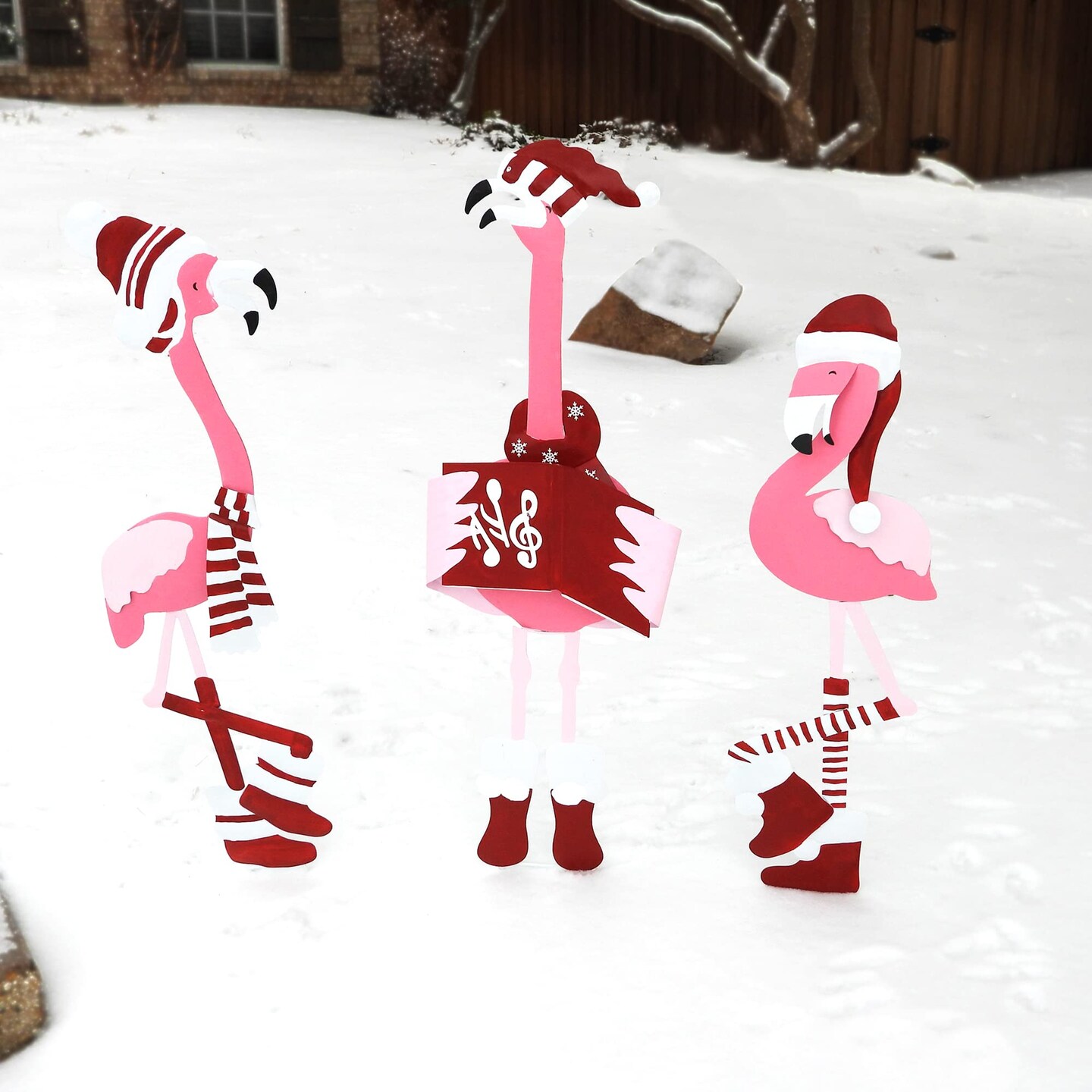Haute Decor Outdoor Christmas Caroling Flamingos Trio Yard Decor - Sturdy Weatherproof Metal Construction, 3 Holiday Flamingos, Yard Stakes Included