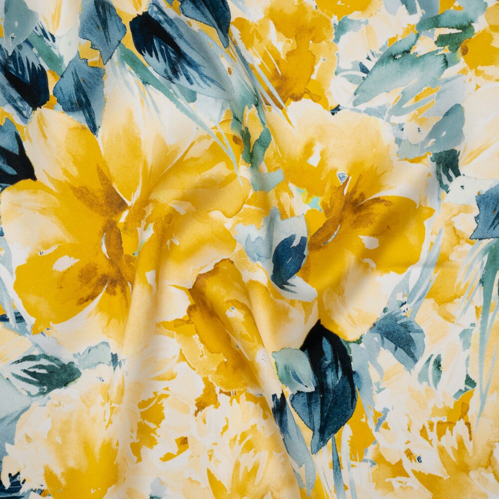 1 Yard Silk Charmeuse Print Yellow & Dark Teal 53" Wide Luxury Fabric for Dresses, Skirts & Blouses