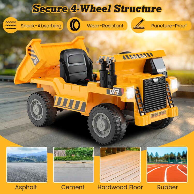 12V Kids Ride On Dump Truck with Remote Adjustable Bed, Music & LED Lights