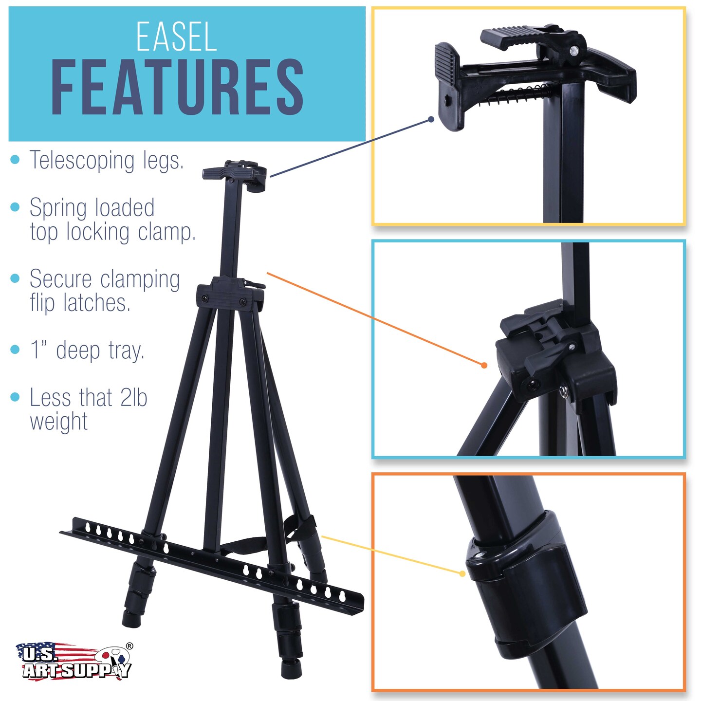 66&#x22; Black Metal Tripod Easel Display - Adjustable 20&#x22;- 5.5&#x27;, Holds 32&#x22; Canvas - Floor/Tabletop Easel Stand, For Sign Display, Painting, Poster Board, Canvas - Portable Bag