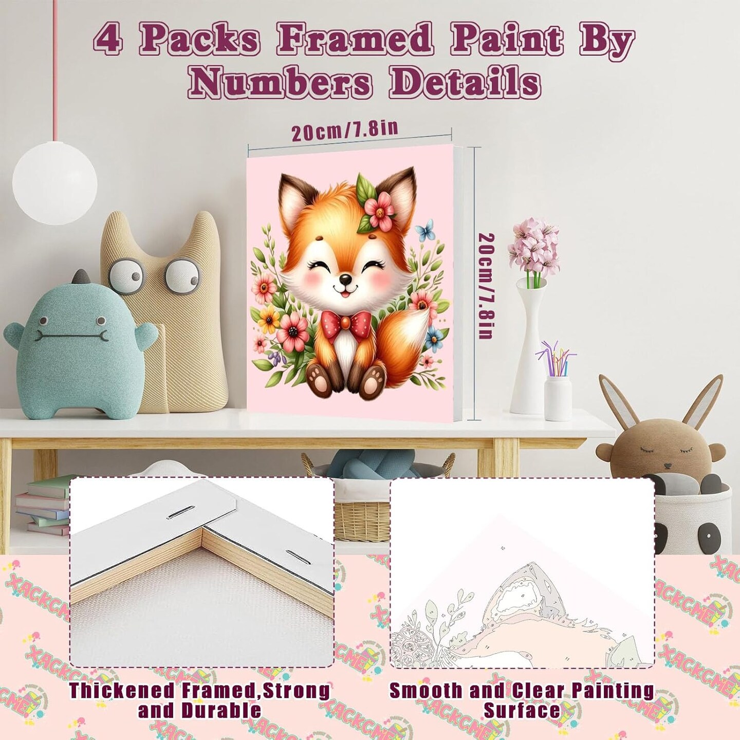 4 Pack Animal Paint by Number for Kids with Wooden Frame-Paint by Numbers for Kids Animals Ages 4-8-12,Easy Elephant Fox Sea Turtle Horse DIY Acrylic Oil Painting Kits for Home Wall Decor(8X8inch)