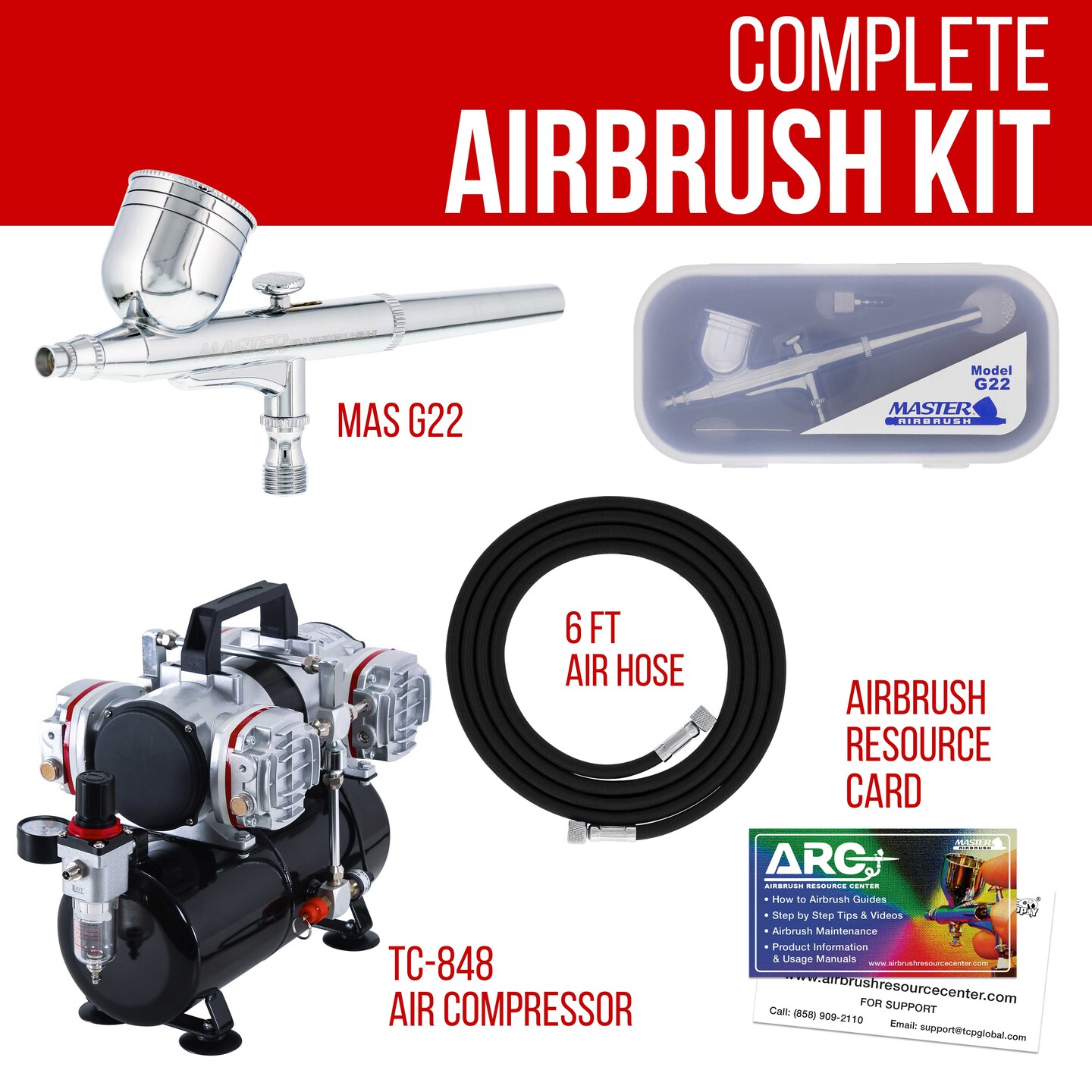 Multi-Purpose High Performance G22 Airbrush Kit with TC-848 4 Cylinder Piston Air Compressor with Air Storage Tank &#x26; Air Hose