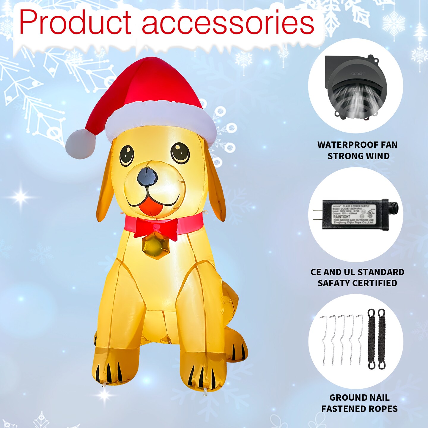 GOOSH 5.2FT Christmas Golden Puppy Inflatable with Santa Hat and LED Lights