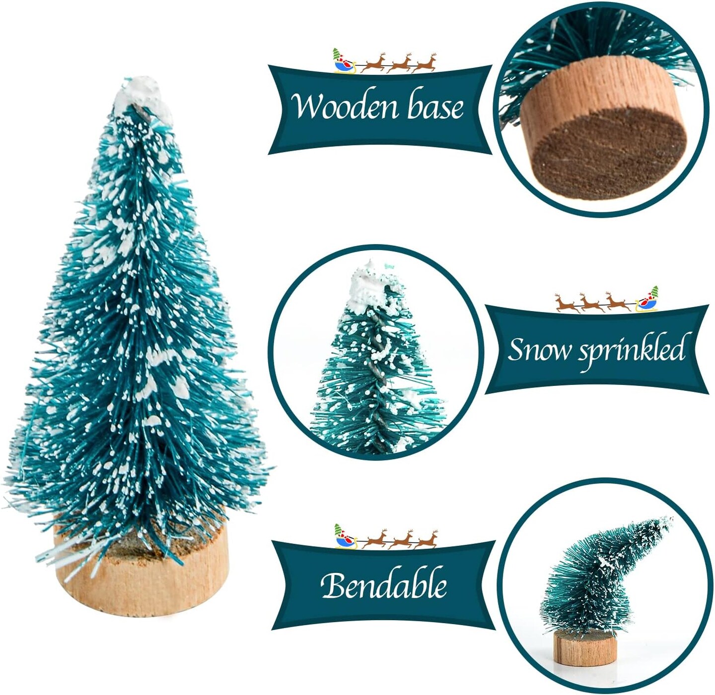 24 Mini Bottle Brush Christmas Trees with Wood Base (Blue-green) 3"D x 3"W x 0.75"H