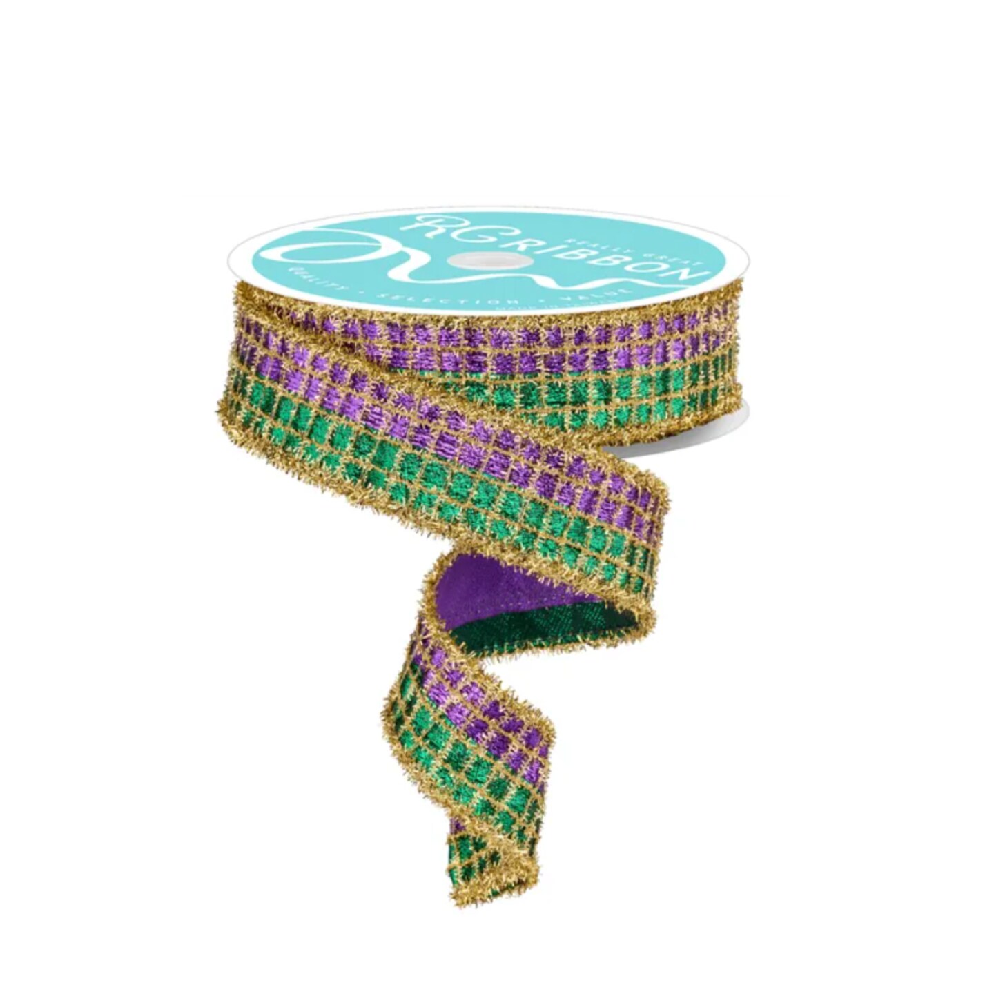 1.5"x10yd Mardi Gras 3-in-1 Metallic Mesh Tinsel Wired Ribbon – Purple, Gold & Green-RGC8043