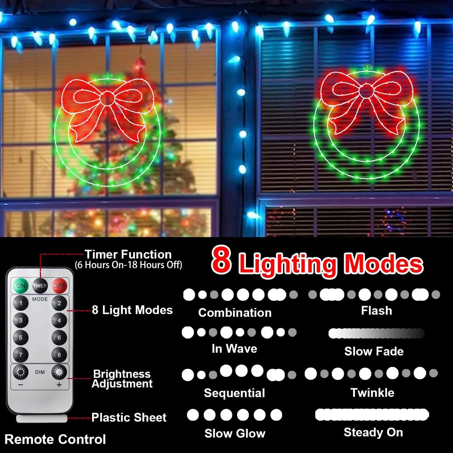 14&#x22; Lighted Christmas Wreath with Bow (Red, Green)