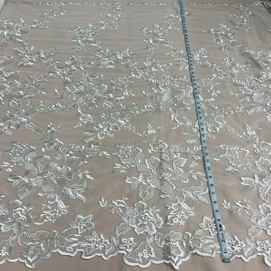 1 Yard - Corded Bridal Lace Fabric Embroidered on 100% Polyester Net Mesh 53 Inches Width