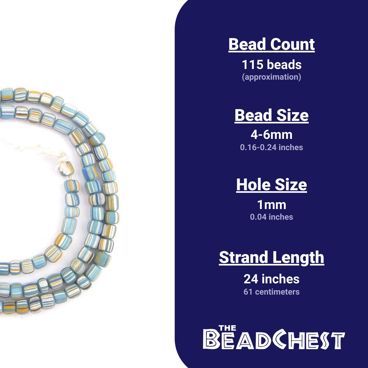 The Bead Chest Java Gooseberry Beads - Full Strand of Striped Glass Beads (Blue Pastel, 4mm)