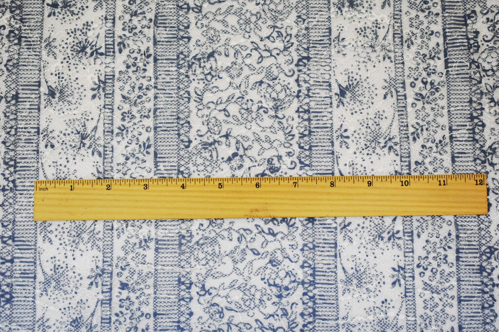 White-Blue Nylon Rayon Floral Stripe Printed Lace Mesh Knit Fabric By the Yard