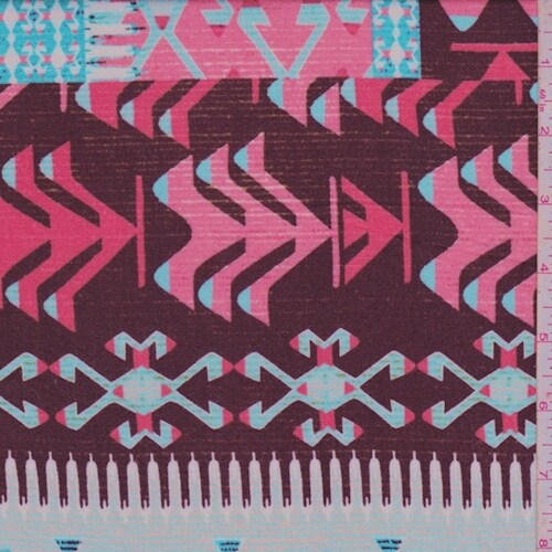 Maroon/Turquoise Tribal Stripe Rayon Crepe Fabric By the Yard