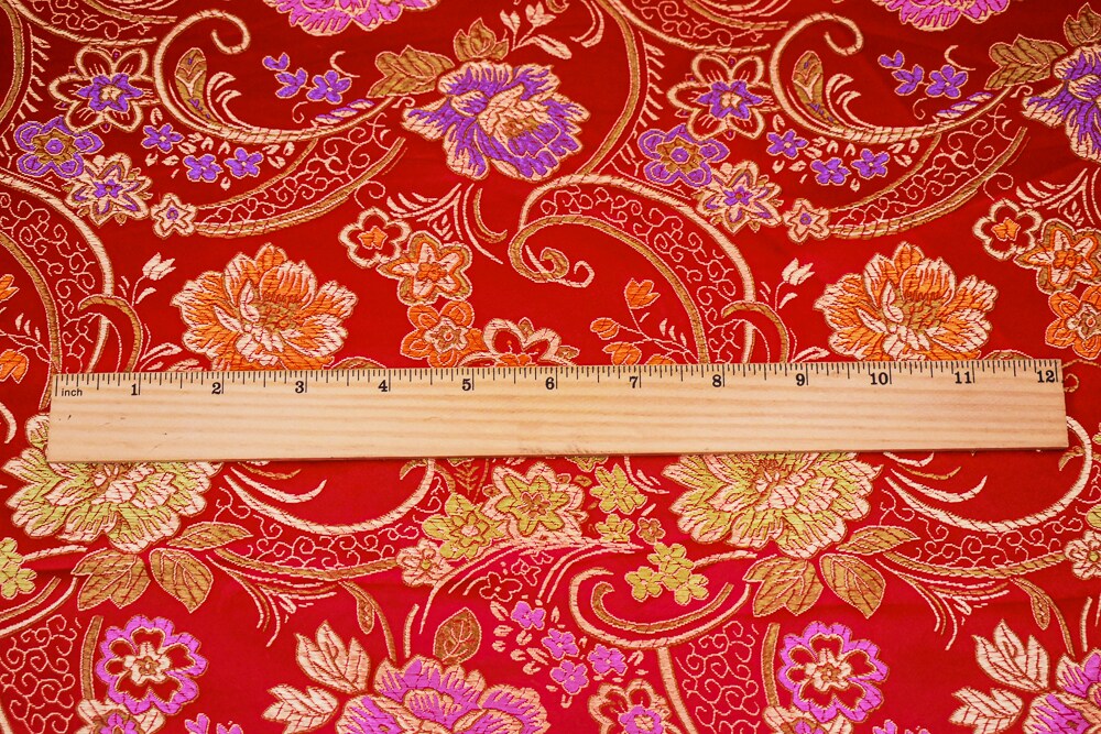 Red-Beige-Multi Polyester Floral Chinese Brocade Woven Fabric By the Yard